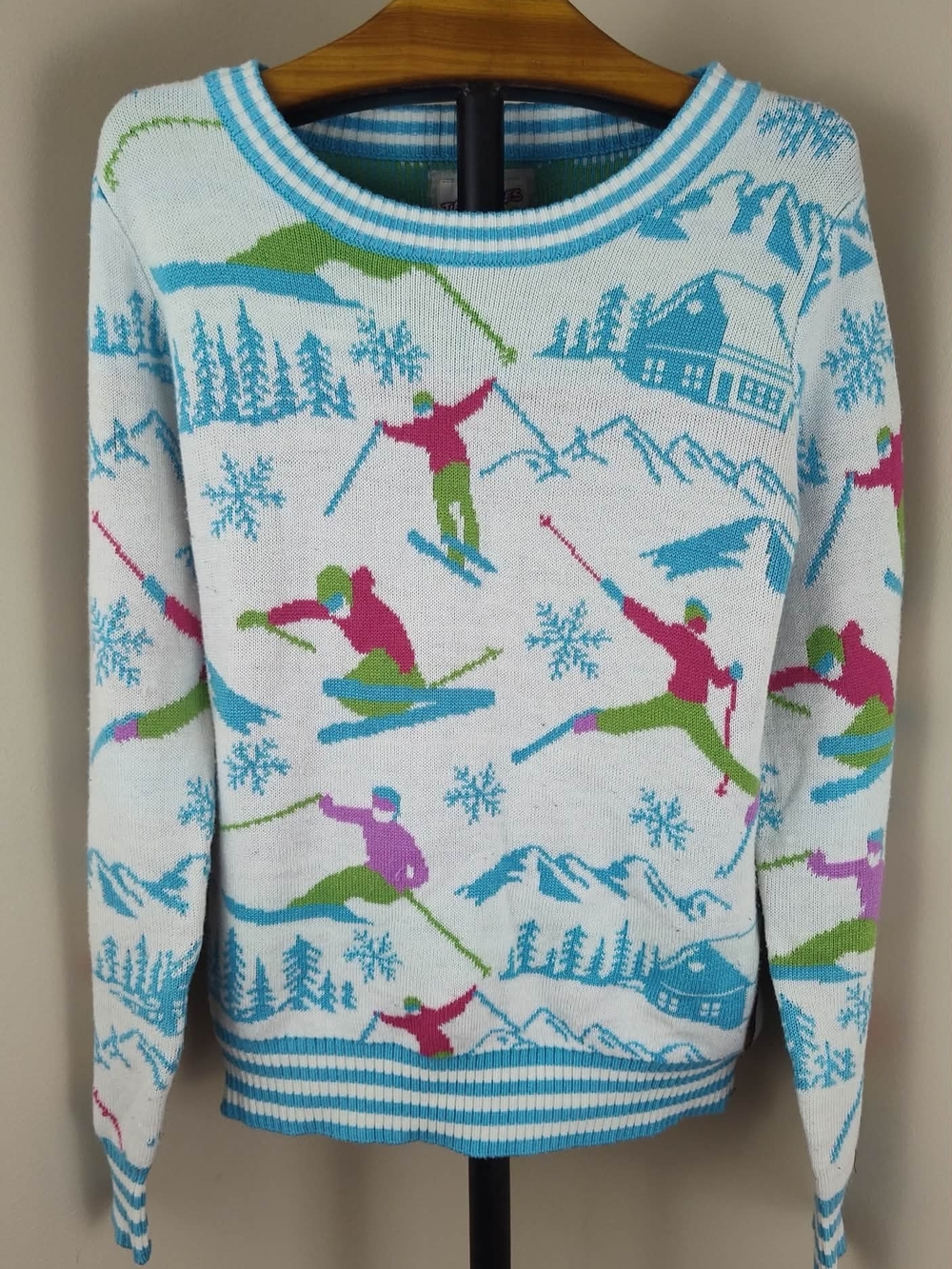 Tipsy Elves White Crewneck Sweater with Blue, Pink & Green Skiers